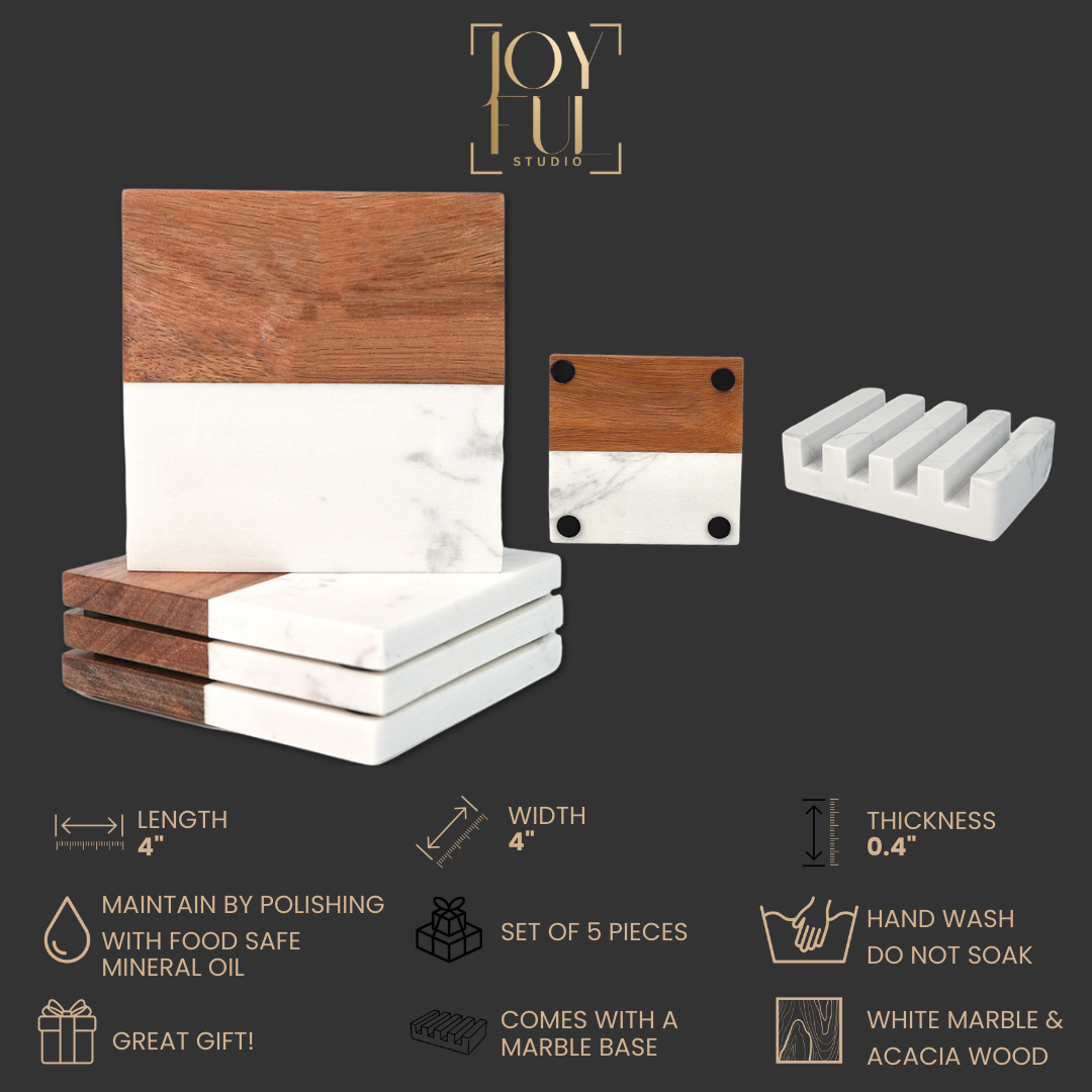 MARBLE + ACACIA COASTER SET W/STAND