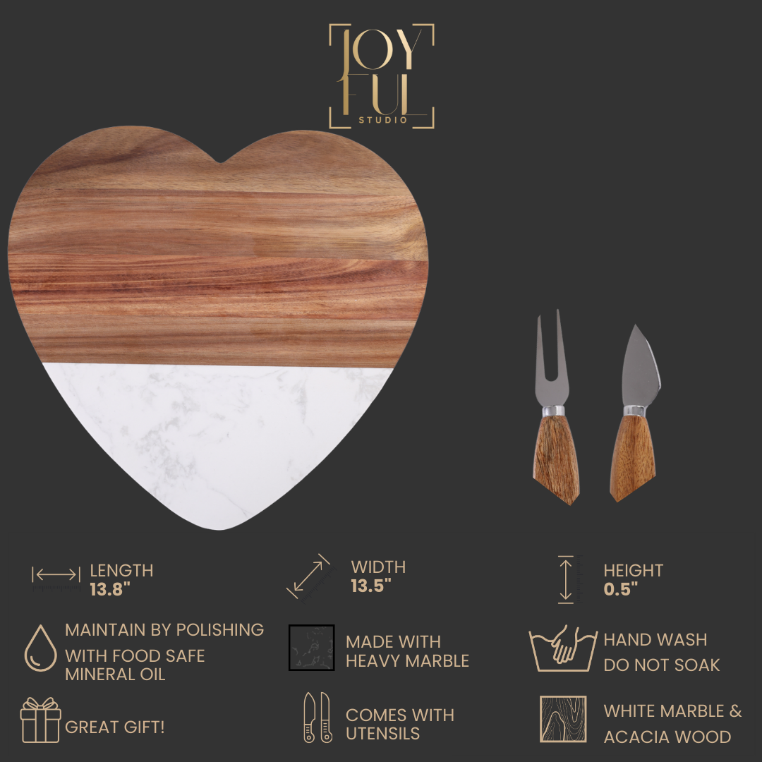 MARBLE + ACACIA HEART SERVING BOARD SET