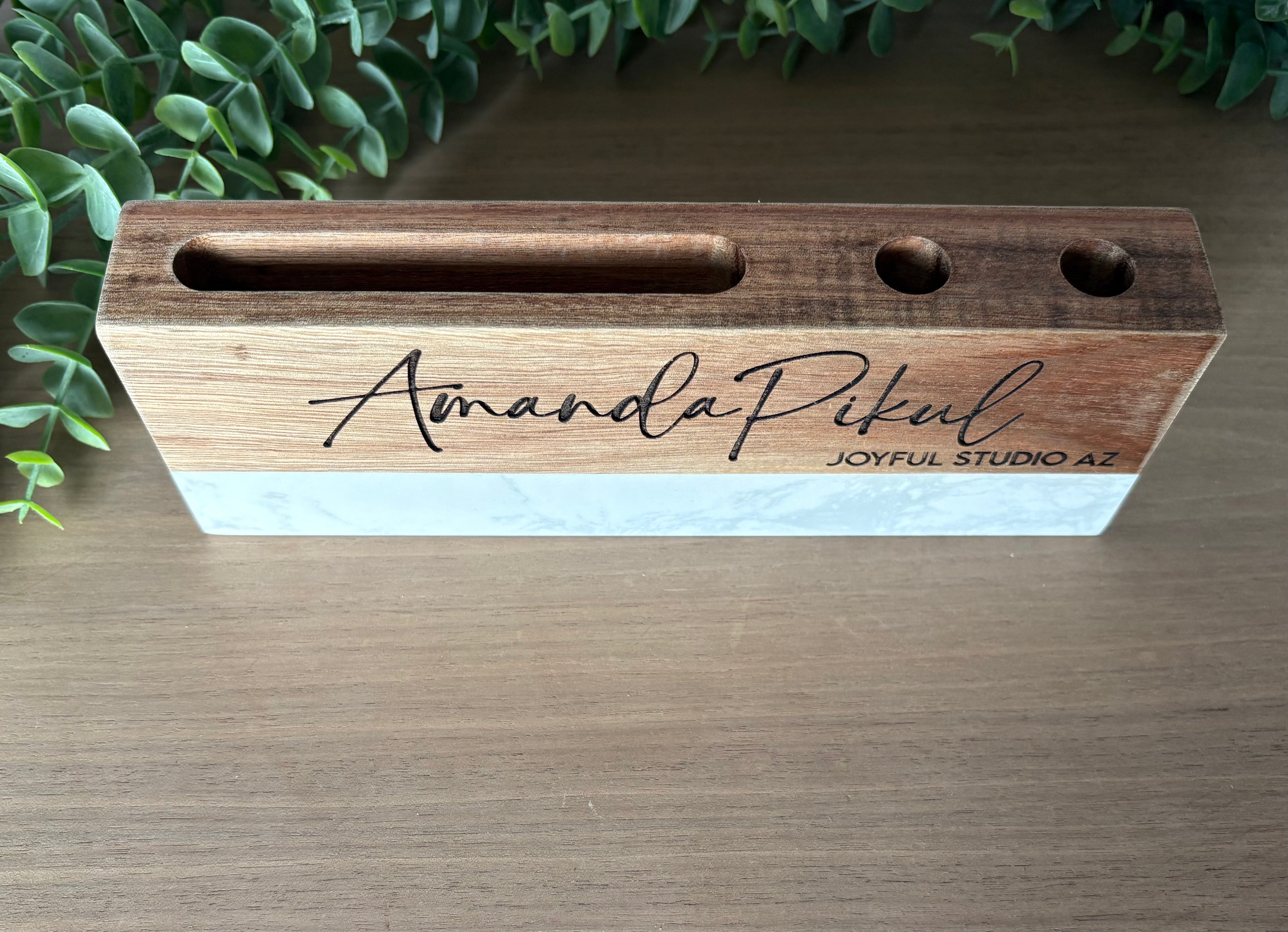 MARBLE + ACACOA DESK NAME PLATE (CARD + PEN HOLDER)