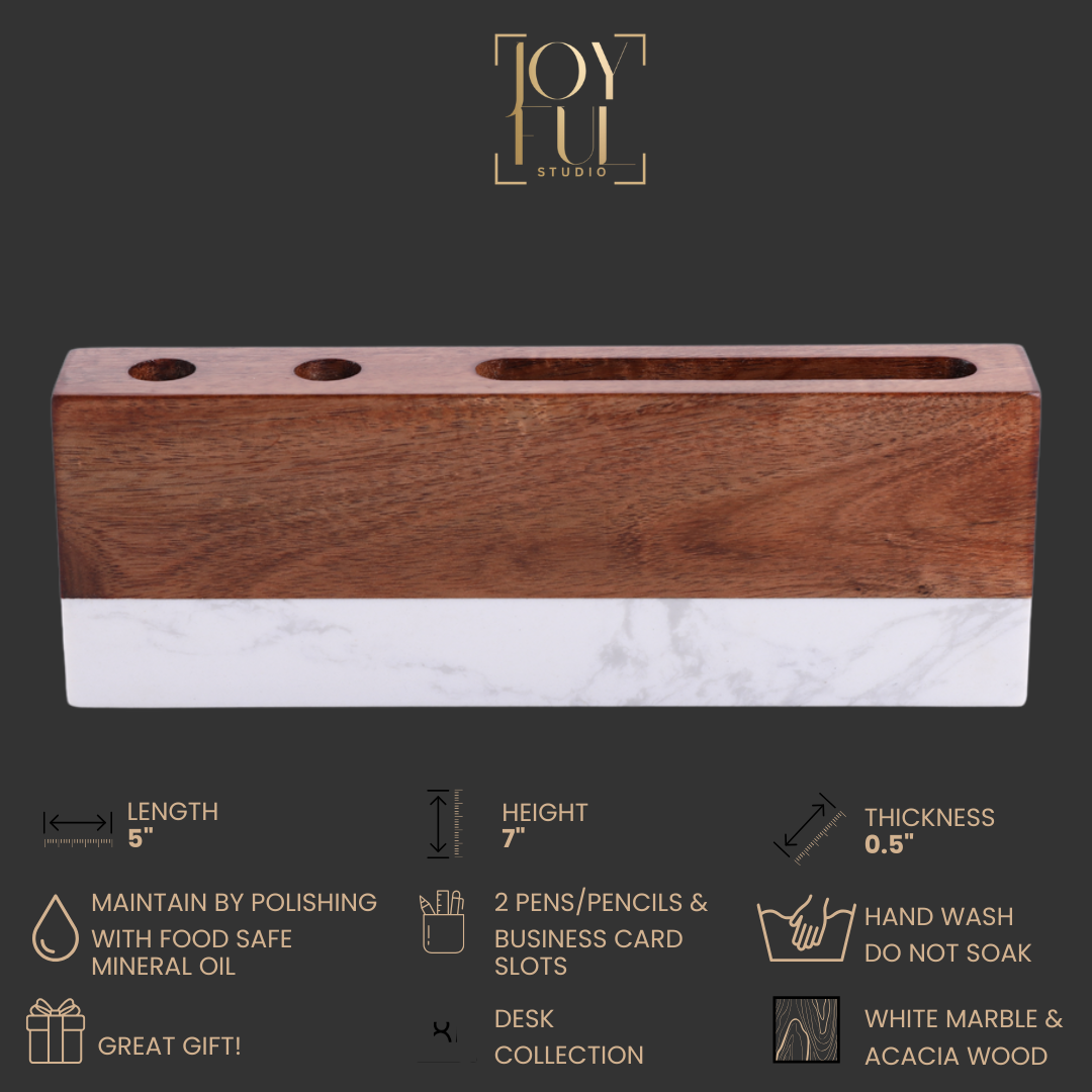 MARBLE + ACACOA DESK NAME PLATE (CARD + PEN HOLDER)