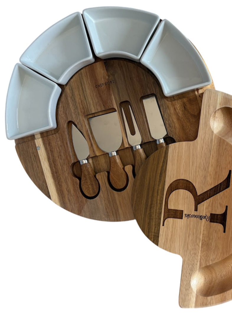 Engraved wooden charcuterie with knife set